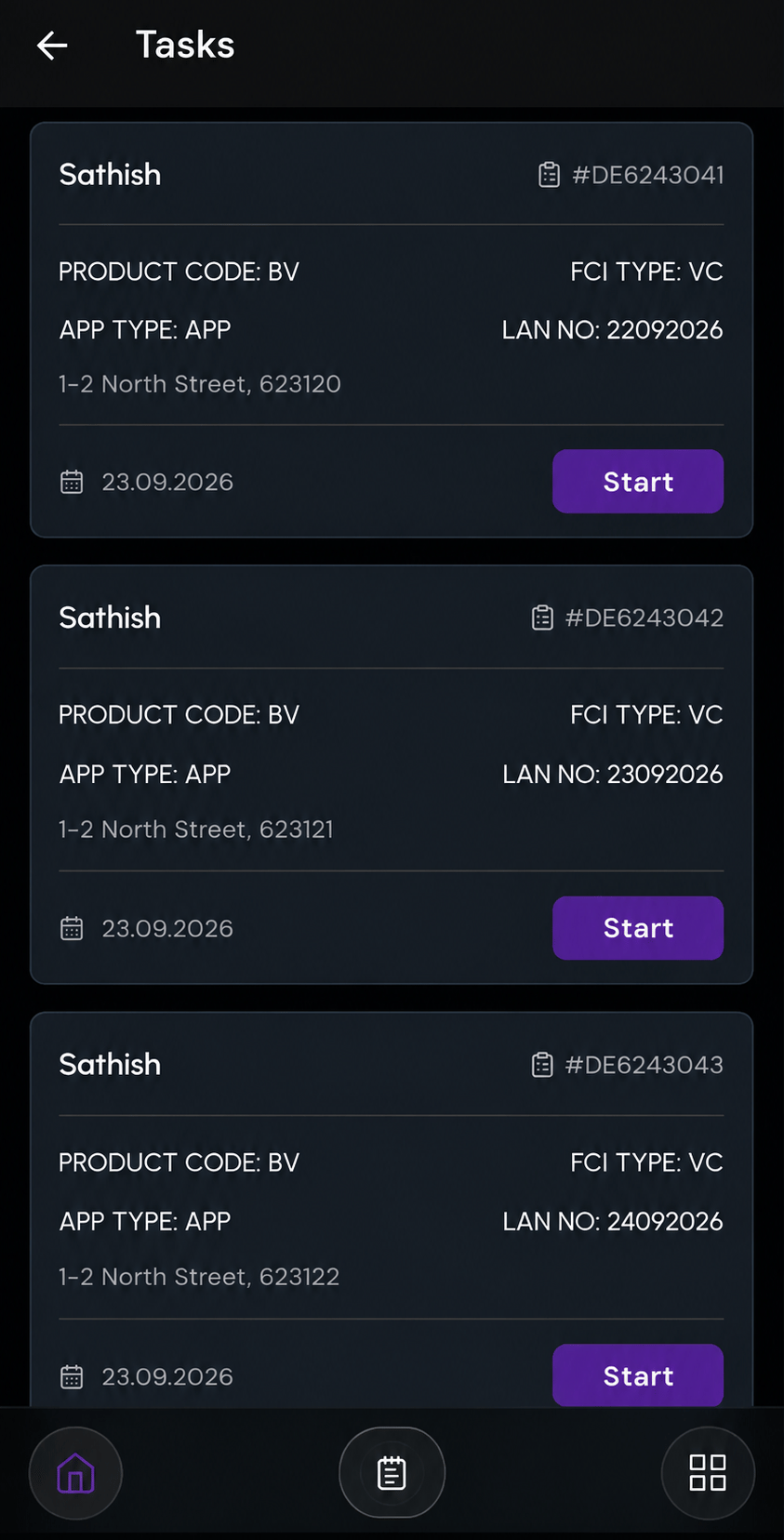 Alpha FieldOS mobile app: a field executive's task list, each task with its reference, address, date and a Start button