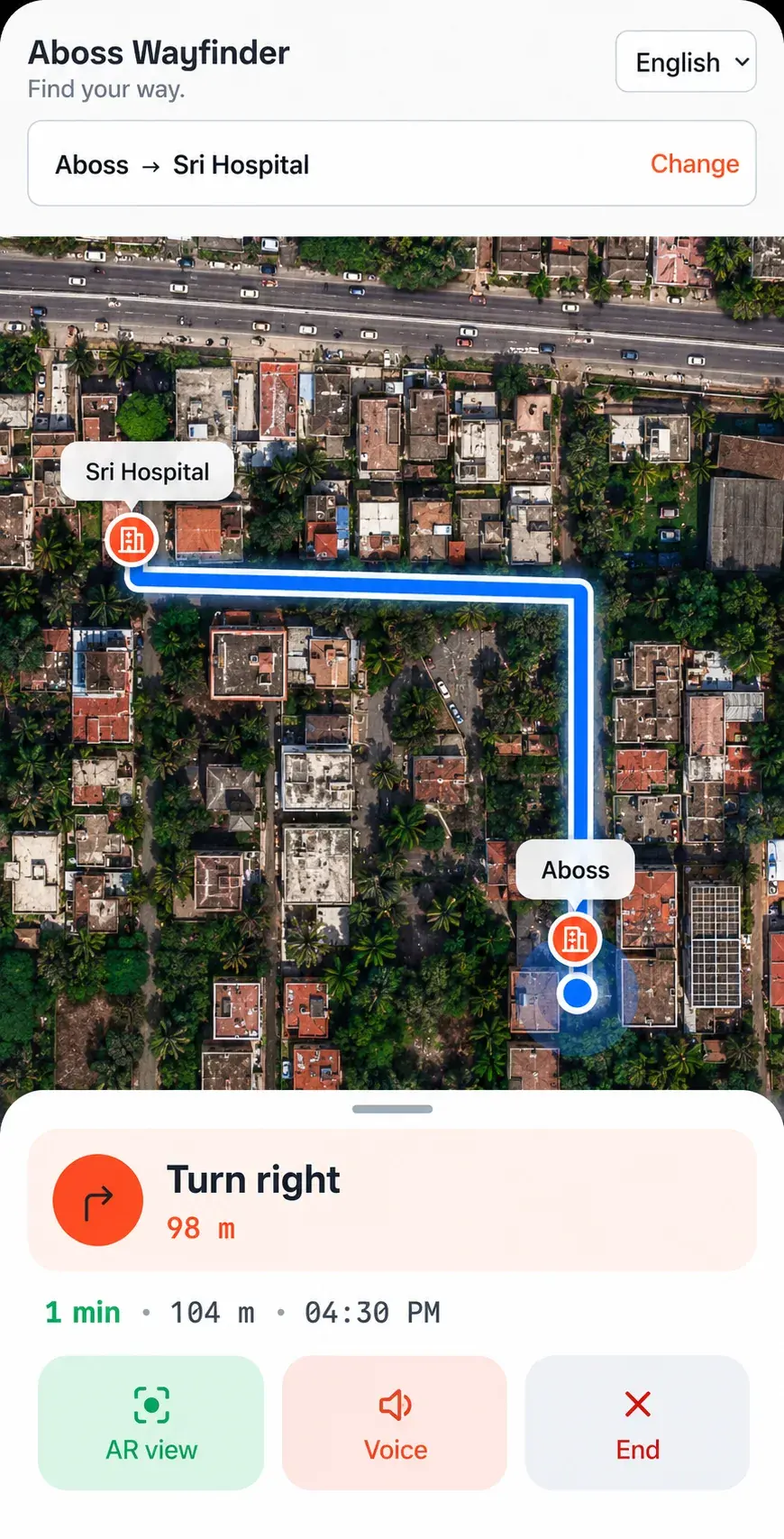 WayFinder navigating on a phone — Aboss to Sri Hospital on a satellite map, “Turn right, 98 m”, with 1 min and 104 m left and the AR view, voice and end-navigation controls.
