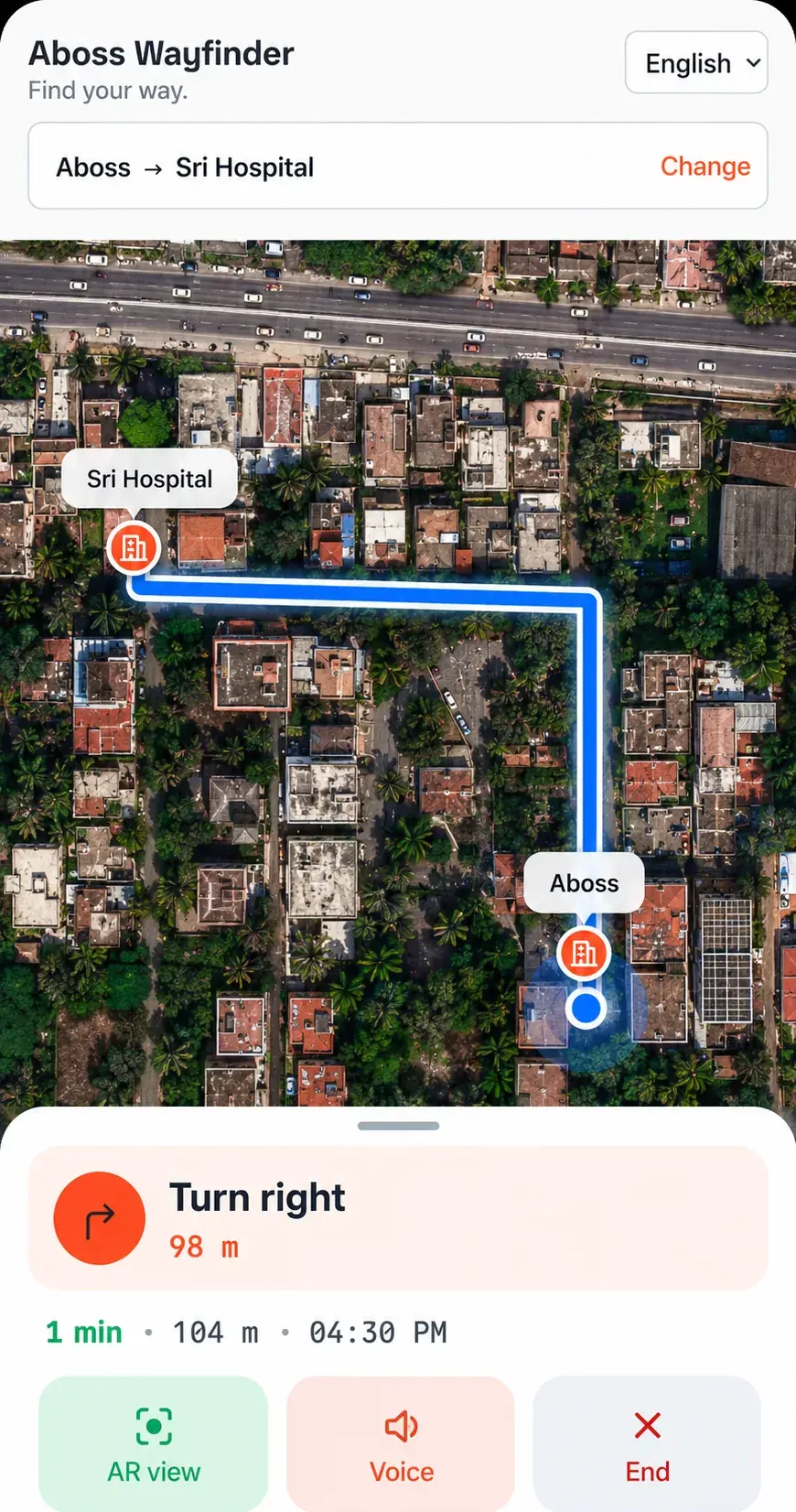 WayFinder navigating from Aboss to Sri Hospital — “Turn right, 98 m”, with 1 min and 104 m left and the AR view, voice and end-navigation controls.