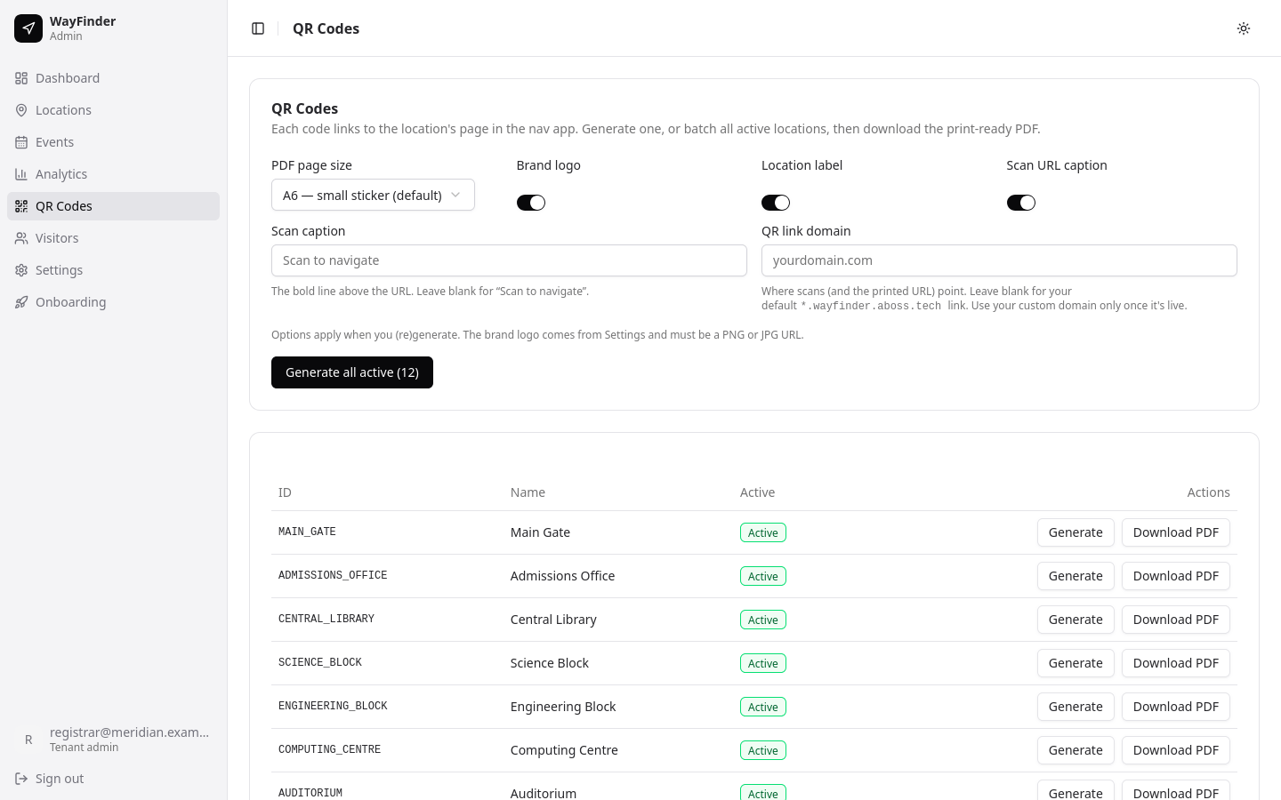 WayFinder admin — QR sticker studio